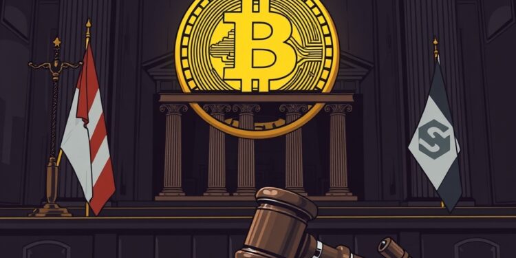 Courtroom gavel beside blockchain tokens representing BNB Chain legal action over an unauthorized memecoin