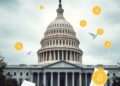 US Capitol building with crypto regulation and digital currency symbols representing a stalled market structure bill