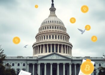US Capitol building with crypto regulation and digital currency symbols representing a stalled market structure bill