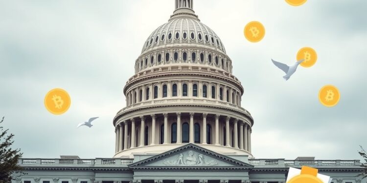 US Capitol building with crypto regulation and digital currency symbols representing a stalled market structure bill