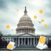 US Capitol building with crypto regulation and digital currency symbols representing a stalled market structure bill