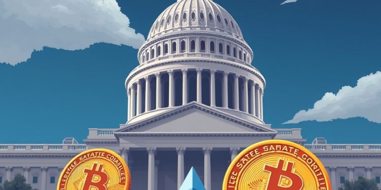 US Capitol with Bitcoin and Ethereum coins representing crypto market-structure regulation
