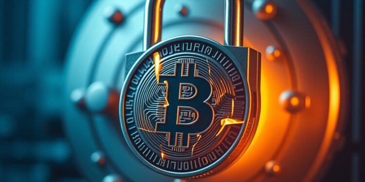Cracked padlock over a Bitcoin cold storage vault representing the Coldcard wallet firmware bug