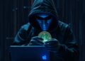 Illustration of a cybersecurity breach with stolen cryptocurrency flowing across a dark network