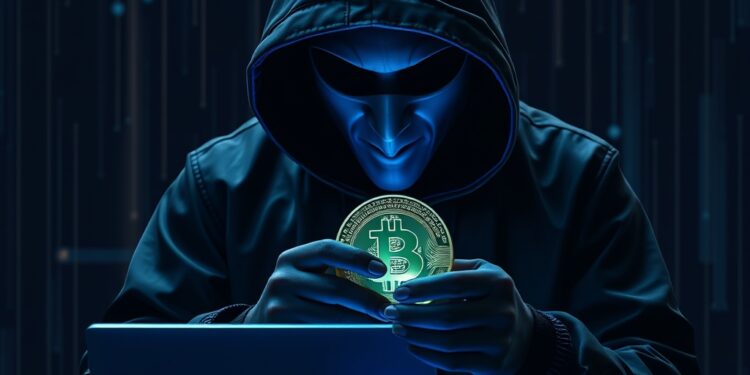 Illustration of a cybersecurity breach with stolen cryptocurrency flowing across a dark network