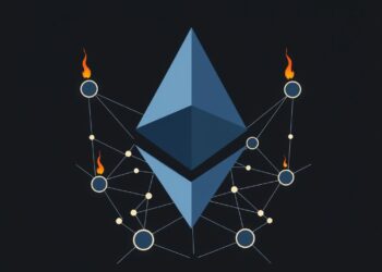 Ethereum logo surrounded by staking nodes and a stylized community governance debate