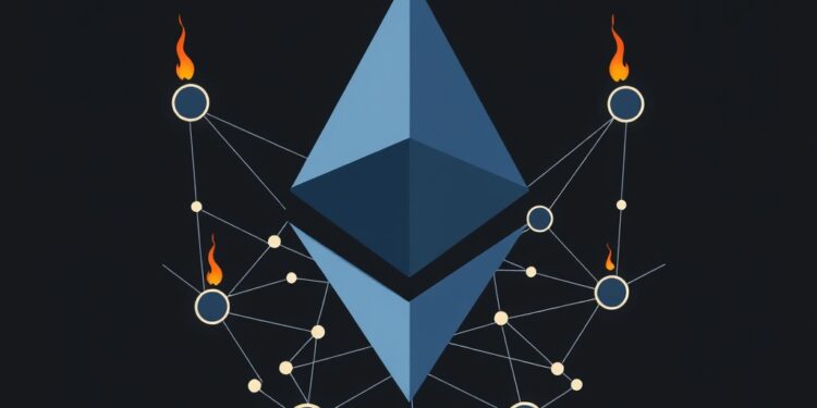 Ethereum logo surrounded by staking nodes and a stylized community governance debate