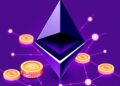 Ethereum logo with staking coins and network nodes