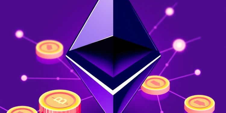 Ethereum logo with staking coins and network nodes