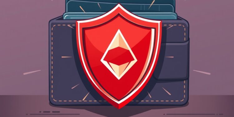 Illustration of a red alert shield over an ethereum wallet warning of approval phishing