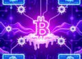 Abstract DeFi blockchain network with frozen nodes representing halted transactions