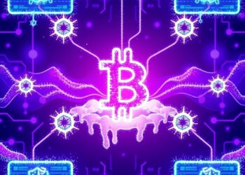 Abstract DeFi blockchain network with frozen nodes representing halted transactions