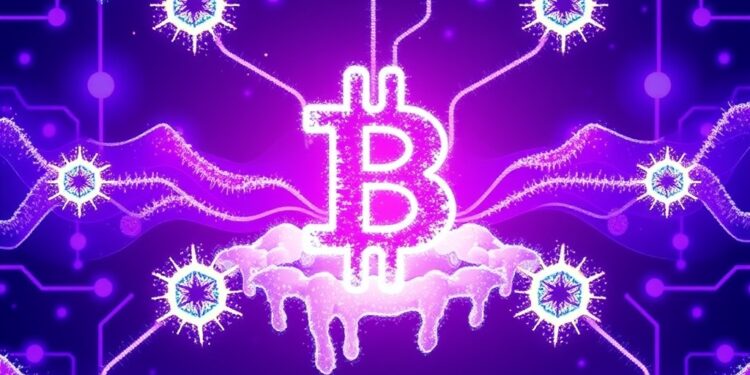 Abstract DeFi blockchain network with frozen nodes representing halted transactions