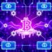 Abstract DeFi blockchain network with frozen nodes representing halted transactions