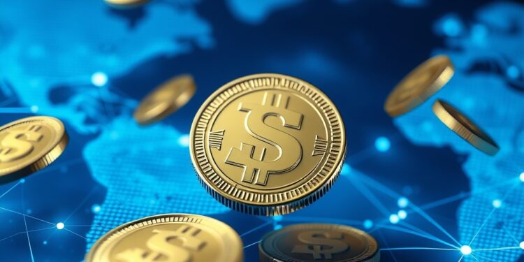 Digital stablecoin dollar tokens flowing through a global payment network representing PayPal PYUSD