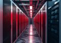 Rows of Bitcoin mining servers in a data center under power grid restrictions