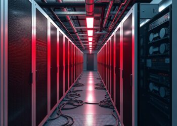 Rows of Bitcoin mining servers in a data center under power grid restrictions