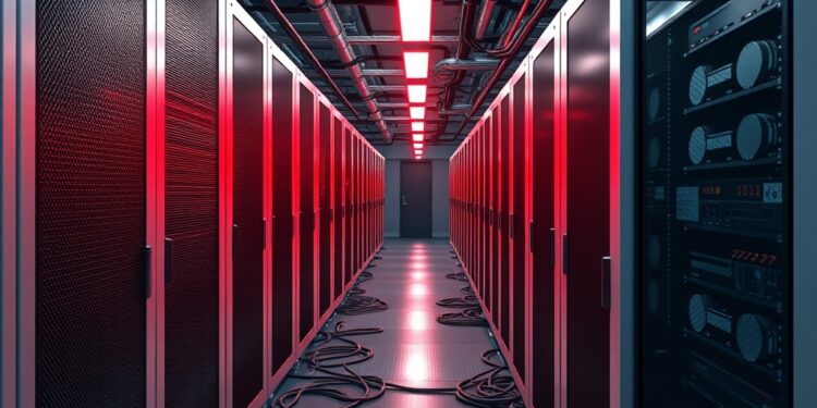 Rows of Bitcoin mining servers in a data center under power grid restrictions