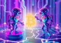 Solana automated trading bot network with neon data streams representing routing and market maker activity