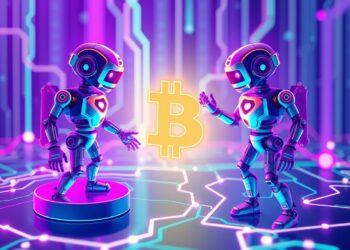 Solana automated trading bot network with neon data streams representing routing and market maker activity