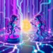 Solana automated trading bot network with neon data streams representing routing and market maker activity
