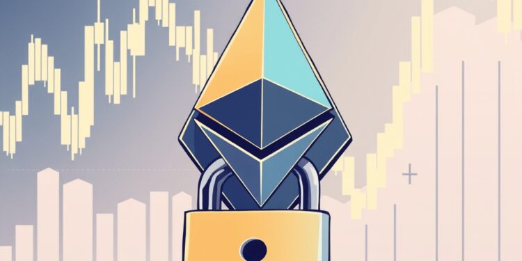 Ethereum coin with a lock and charts representing a staked Ethereum ETF and redemption liquidity