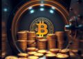 Locked crypto tokens in a vault beside a discounted balance sheet, illustrating digital asset treasury risk