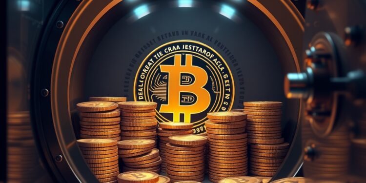 Locked crypto tokens in a vault beside a discounted balance sheet, illustrating digital asset treasury risk
