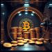 Locked crypto tokens in a vault beside a discounted balance sheet, illustrating digital asset treasury risk