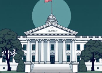 Illustration of US Treasury building with digital asset policy theme