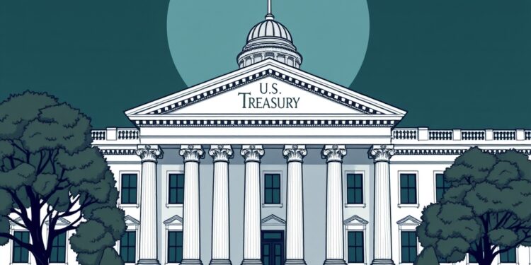 Illustration of US Treasury building with digital asset policy theme