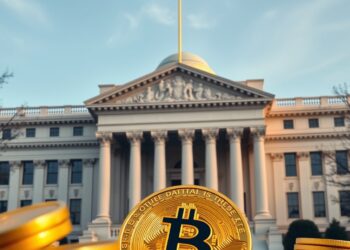 Bitcoin against the US Treasury building as national debt tops 40 trillion