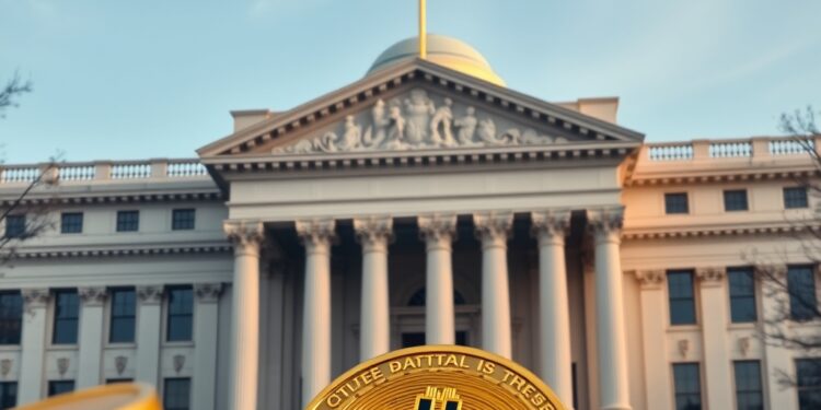 Bitcoin against the US Treasury building as national debt tops 40 trillion