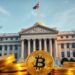 Bitcoin against the US Treasury building as national debt tops 40 trillion