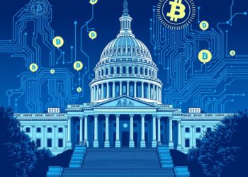 US Capitol with microchip and crypto symbols