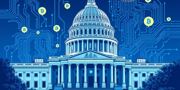 US Capitol with microchip and crypto symbols