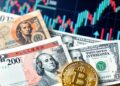 Japanese yen and US dollar banknotes with Bitcoin representing macro currency intervention