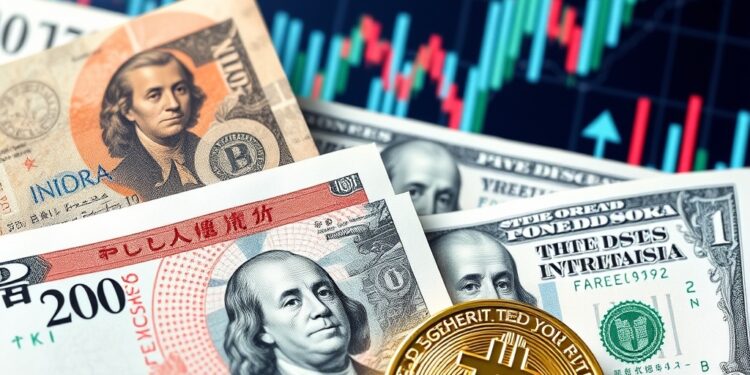Japanese yen and US dollar banknotes with Bitcoin representing macro currency intervention