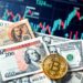 Japanese yen and US dollar banknotes with Bitcoin representing macro currency intervention