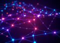Data visualization of glowing blockchain network nodes across multiple chains