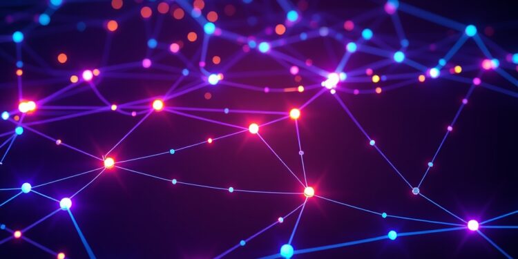 Data visualization of glowing blockchain network nodes across multiple chains