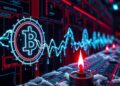 Disrupted blockchain network nodes with red alert visuals, representing a week-long outage and lost staking rewards