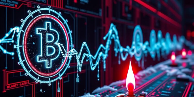Disrupted blockchain network nodes with red alert visuals, representing a week-long outage and lost staking rewards
