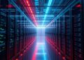 Data center servers next to Bitcoin mining rigs connected to glowing power grid lines