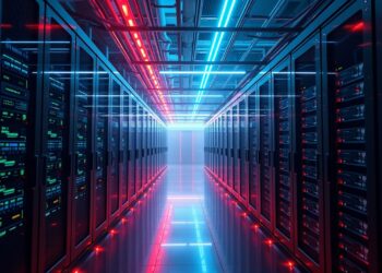 Data center servers next to Bitcoin mining rigs connected to glowing power grid lines