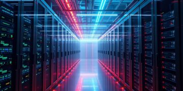 Data center servers next to Bitcoin mining rigs connected to glowing power grid lines