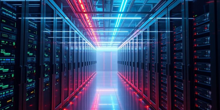 Data center servers next to Bitcoin mining rigs connected to glowing power grid lines