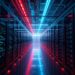 Data center servers next to Bitcoin mining rigs connected to glowing power grid lines