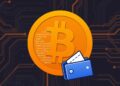Bitcoin logo with code and a digital wallet representing a Bitcoin Core update