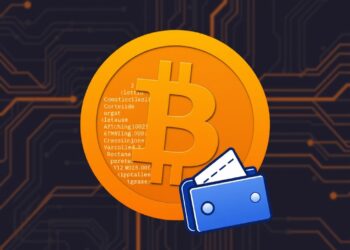 Bitcoin logo with code and a digital wallet representing a Bitcoin Core update